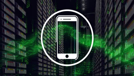 animation of smartphone icon and digital data processing over computer servers