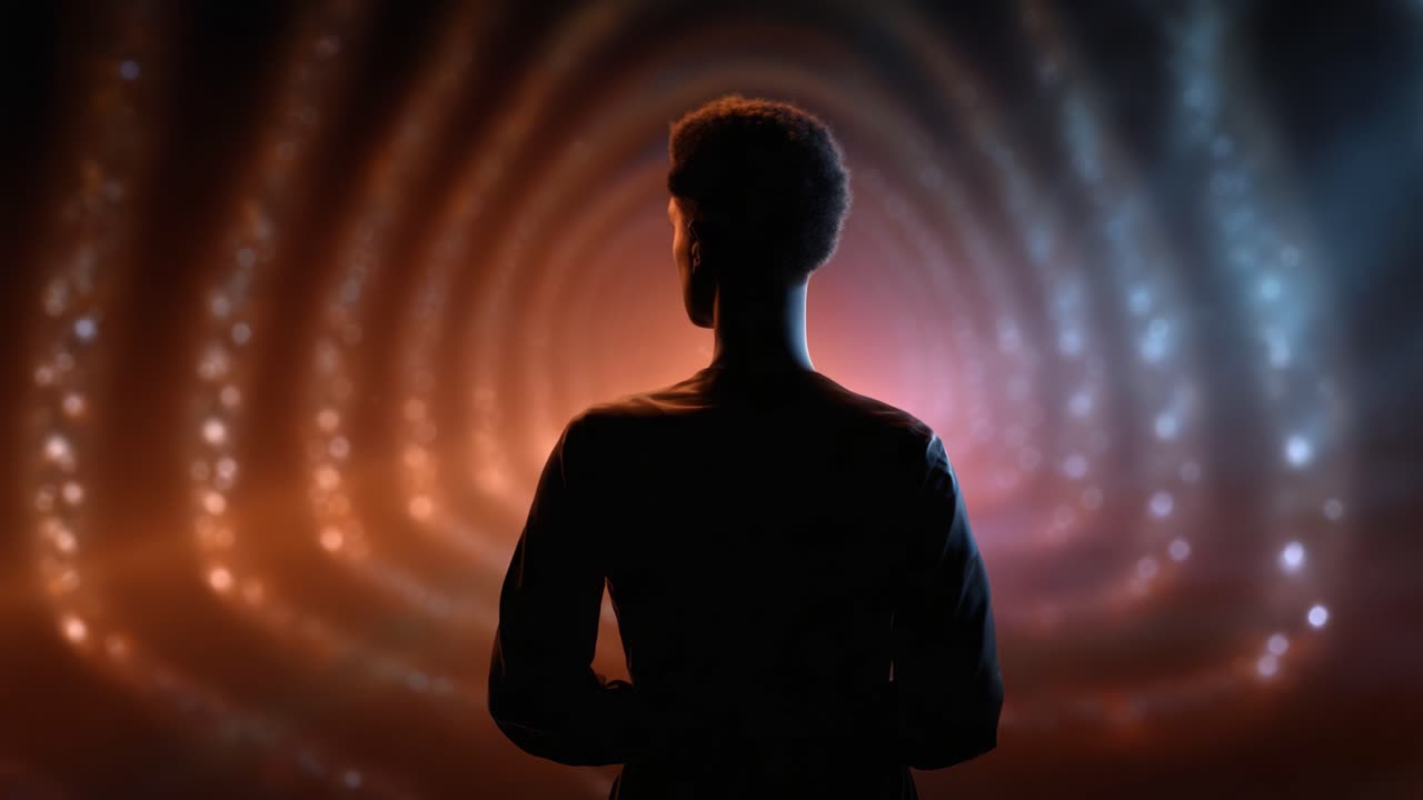 Una silhouette che contempla un tunnel di luce ipnotico, colori e texture che si fondono, evocando profondità e meraviglia, catturati in uno stile artistico e ultraterreno