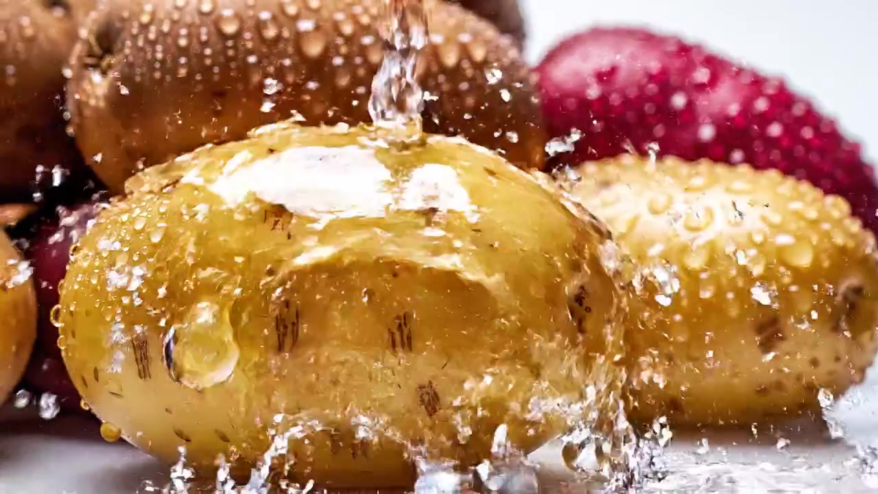 Varietà di patate fresche bagnate su sfondo bianco