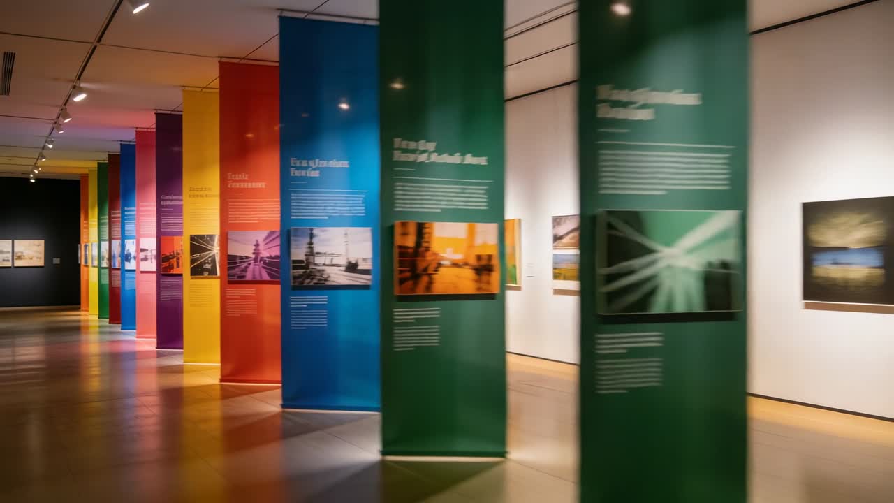 Kameraet begynder at panorere mod højre gennem galleriet, der dokumenterer farvede bannere, indrammet kunst og et skinnende gulv.