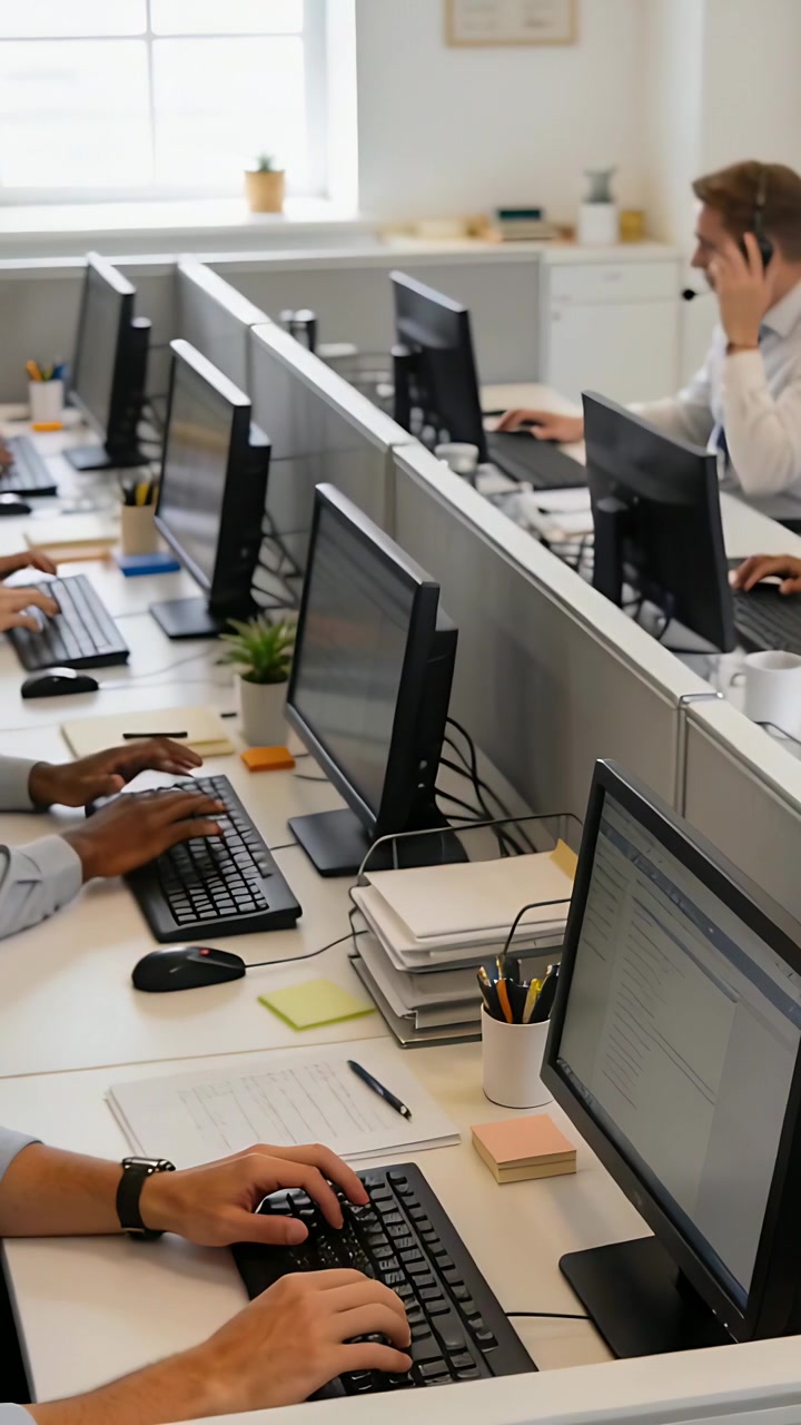 Vertical video: Typing hands on keys at office, incoming call causing back rep adjusting headset