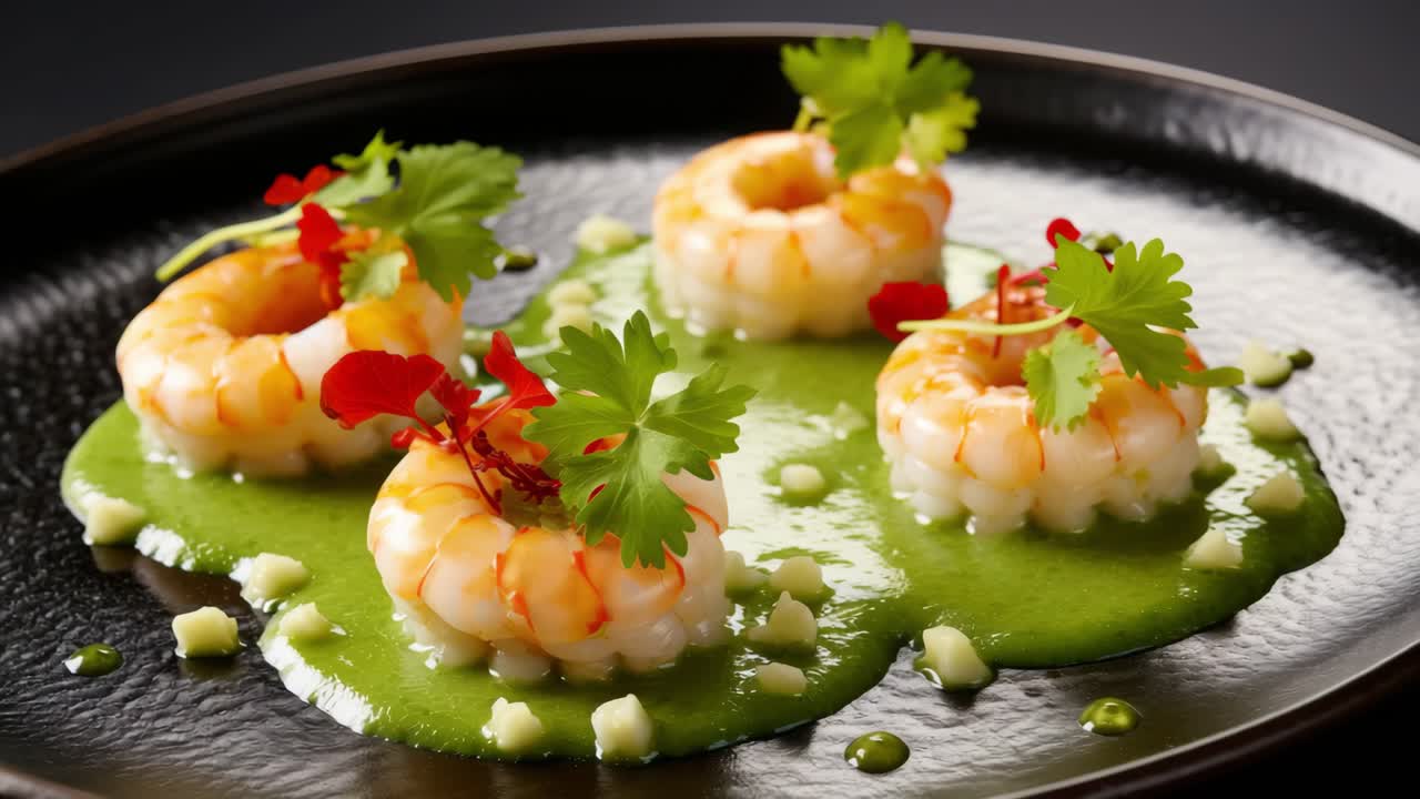 Delicious gourmet shrimp appetizers resting on vibrant pea puree, elegantly garnished with fresh coriander and striking red flowers, beautifully arranged on a sleek black plate