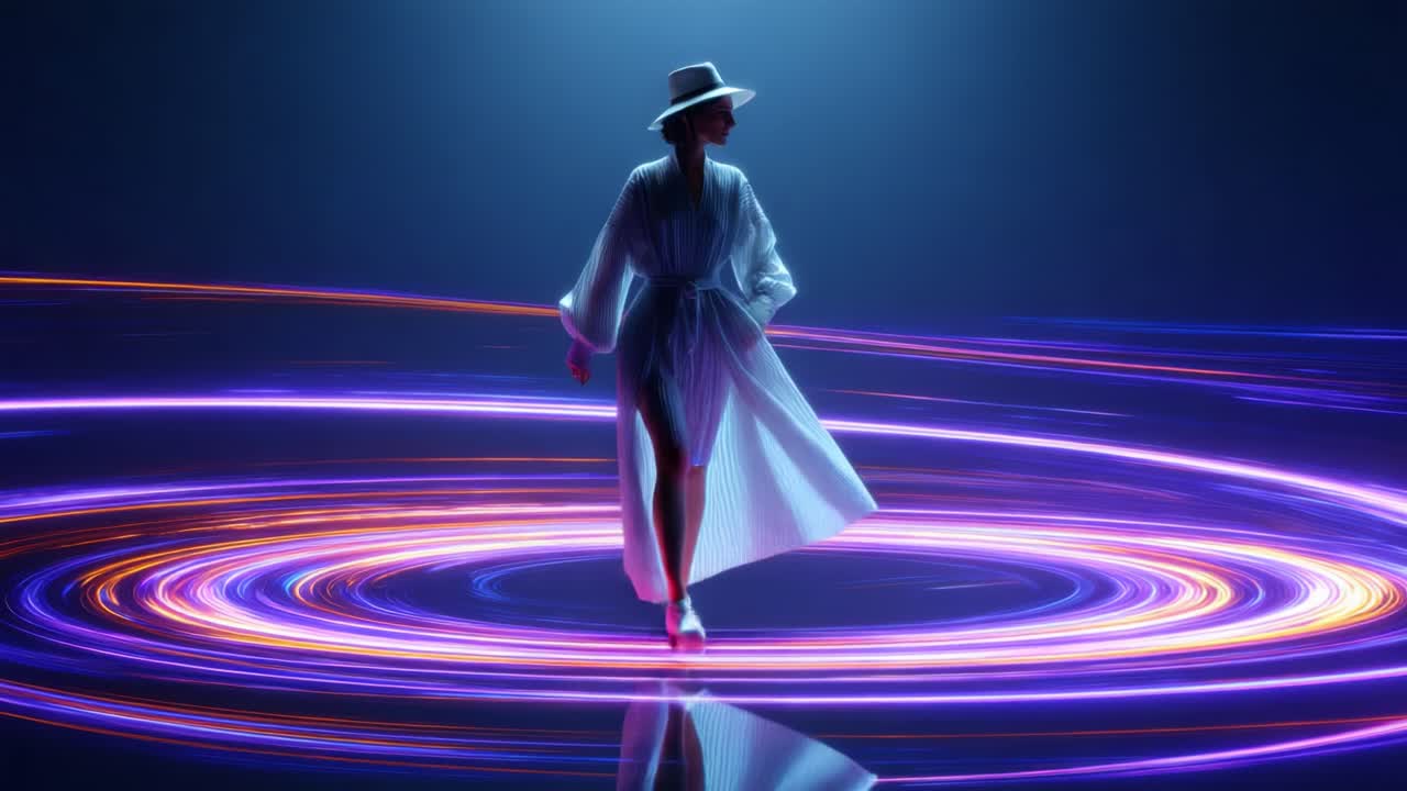 A mesmerizing figure in a flowing white robe and hat gracefully walks through swirling neon light patterns, embodying a modern blend of fashion and dynamic energy
