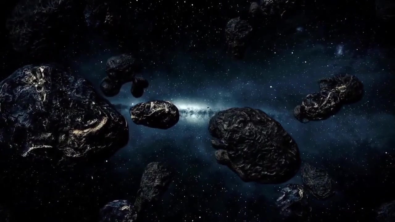 Lentäminen tiheän asteroidikentän läpi syvässä avaruudessa. Matkustaminen kosmisten kivien, meteoriittien ja lohkareiden ohi kirkkaan galaksin ja tähtien ollessa taustalla.