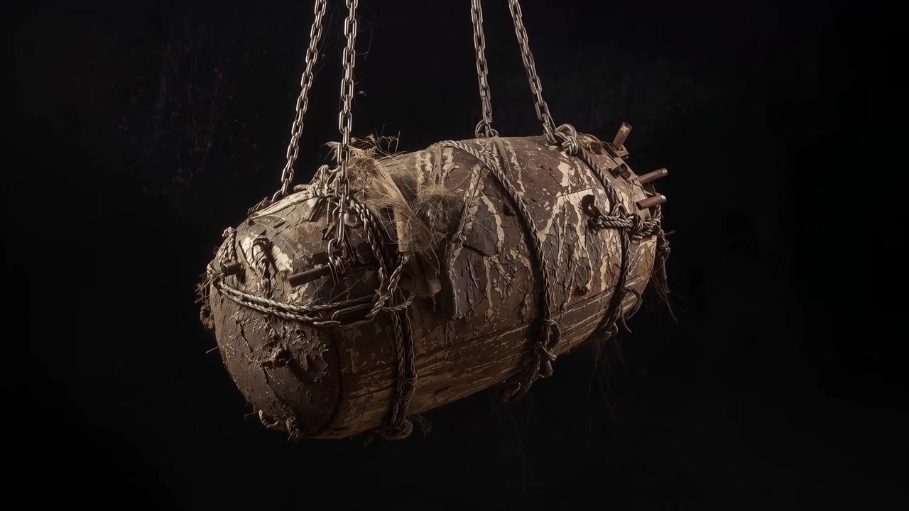 Fotogrammi che avanzano mostrando un barile arrugginito che ruota, rivelando bulloni, catene e tessuto strappato in un vuoto nero.