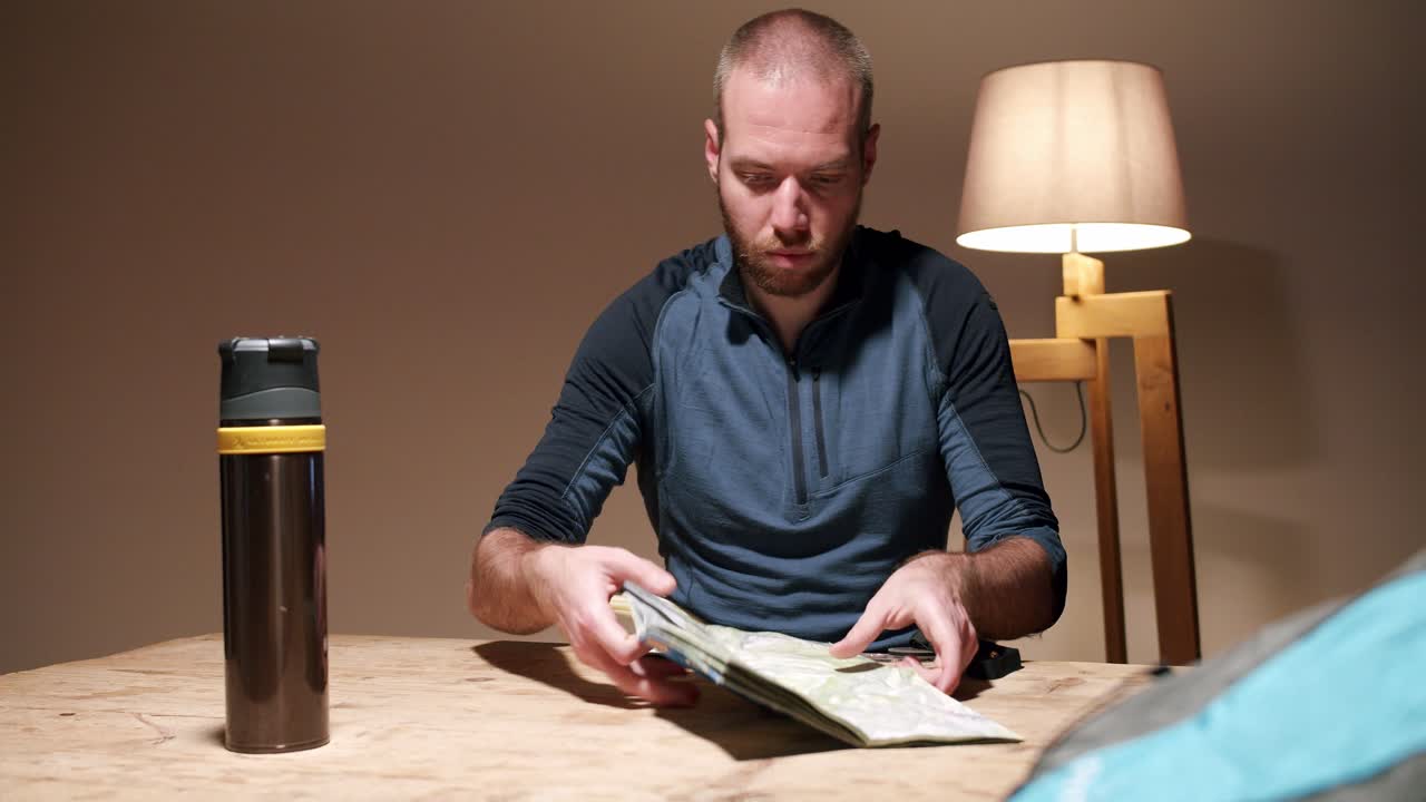 Bearded man sits indoors and plans trip with topographic map