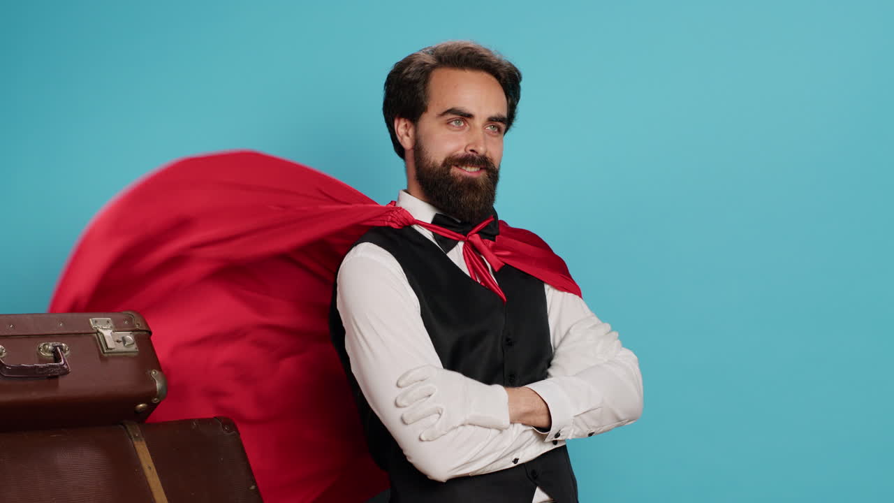 el conserje del hotel con la capa roja del héroe