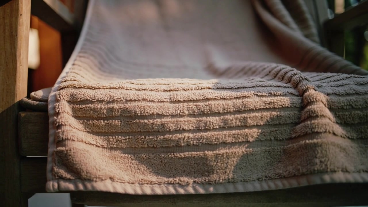 Sole che si sposta proiettando un riflesso mentre la brezza solleva un asciugamano su una sedia di legno, mostrando vegetazione sfocata