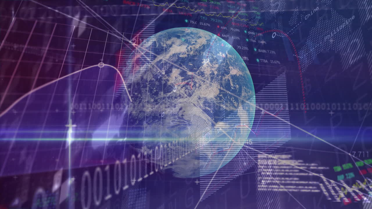 Animation of Earth with digital data and graphs, showing global technology network