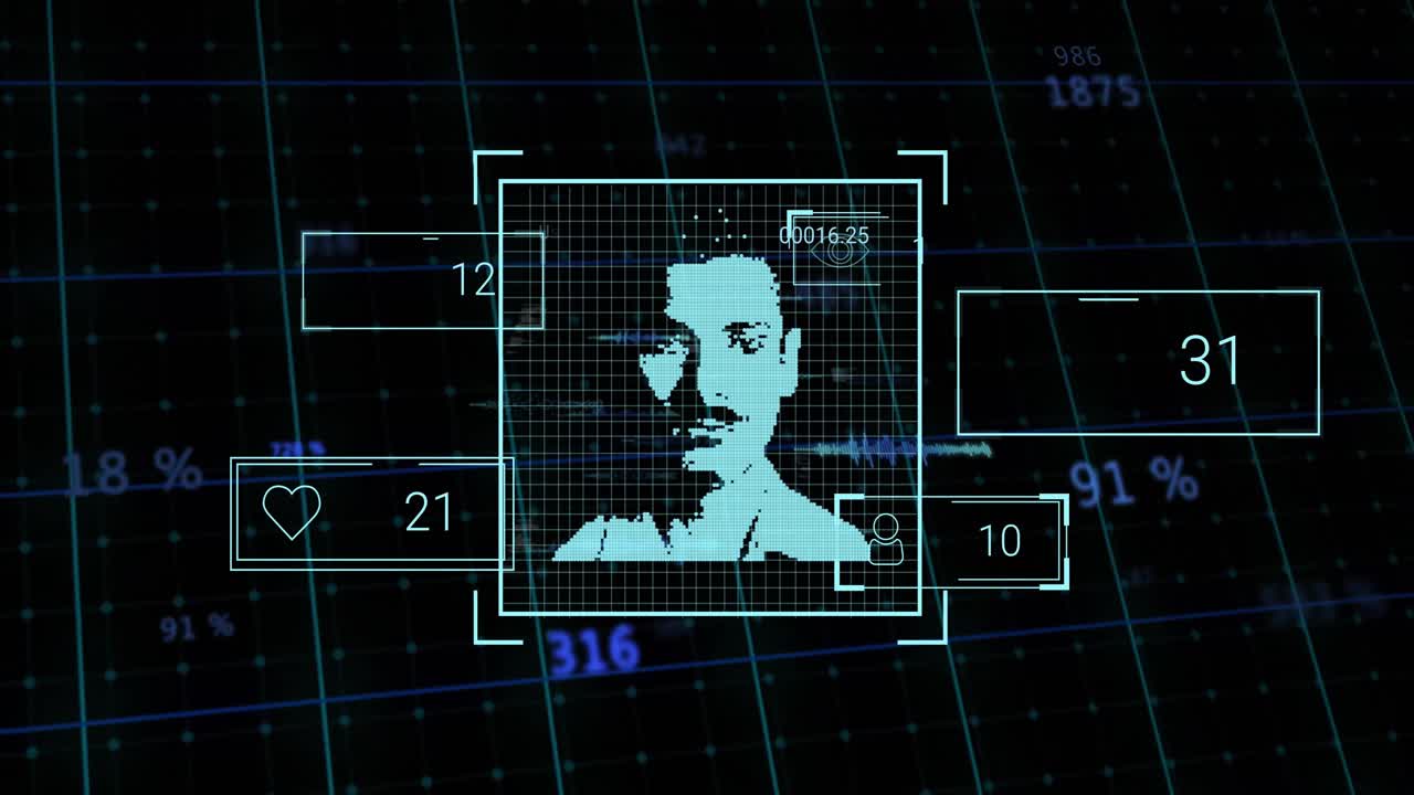 Animaatio digitaalisesta käyttöliittymästä, joka näyttää käyttäjäprofiilin ja sosiaalisen median tilastot