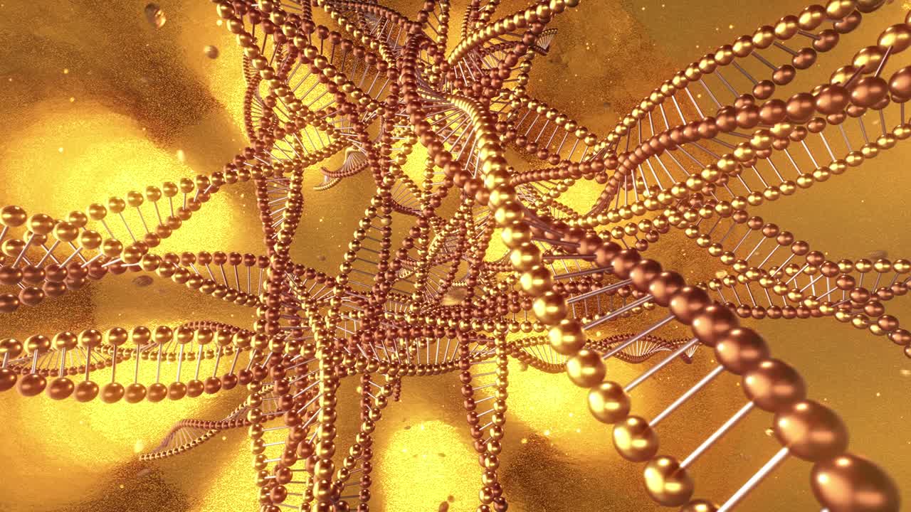 dna 분자의 소용돌이와 함께 황금 기하학적 배경 3d 렌더링 루프 4k