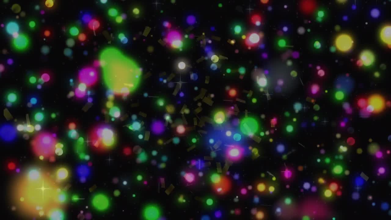 Animazione di coriandoli e punti luminosi multicolore su sfondo nero.