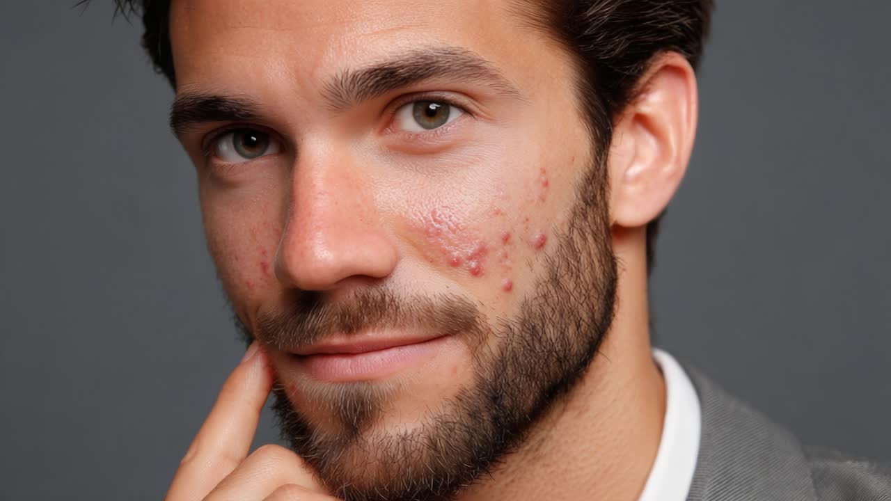 Ritratto intimo di un giovane uomo che esprime sicurezza nonostante le imperfezioni della pelle, con un primo piano dei suoi tratti somatici e un'espressione pensierosa