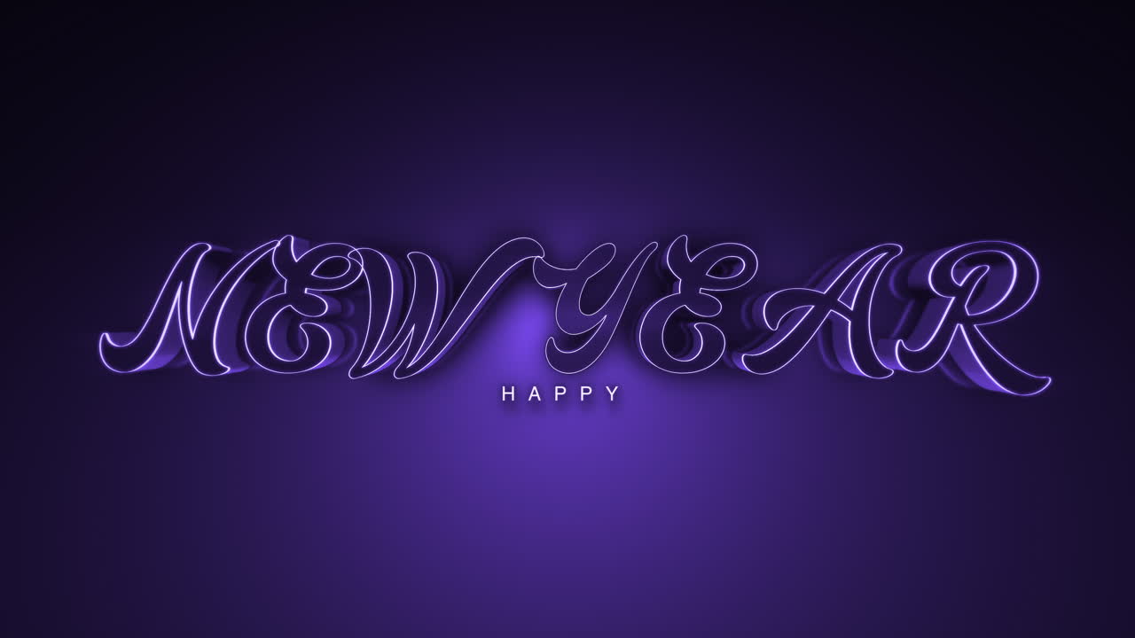 Dark monochrome Happy New Year text on purple gradient