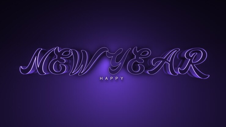 Dark monochrome Happy New Year text on purple gradient