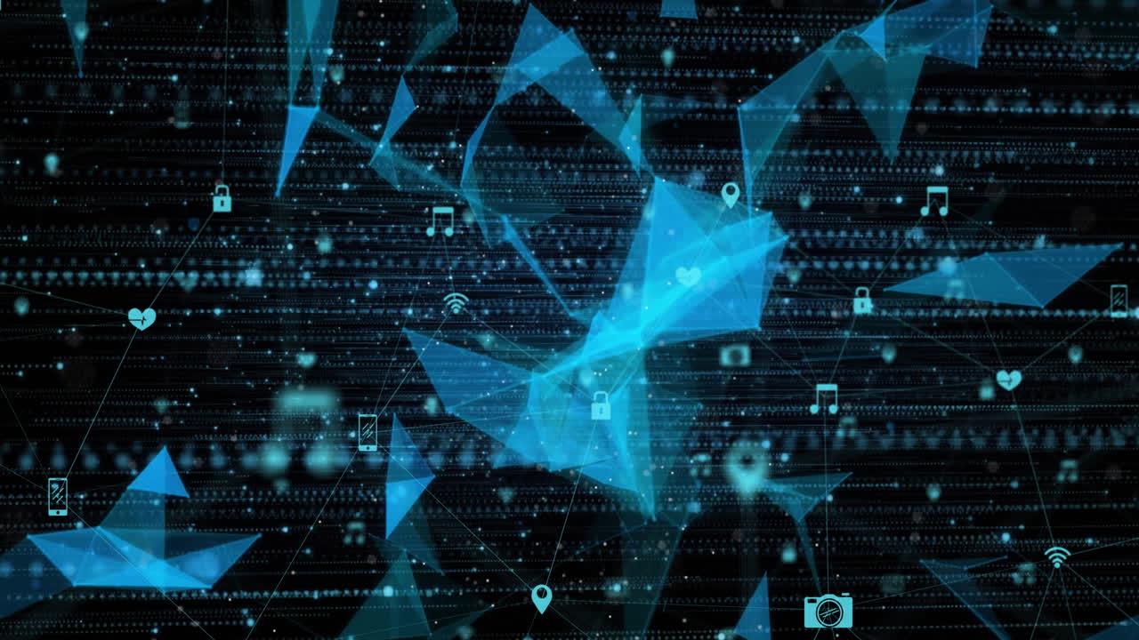 Animation of spots and network of connections with icons over shapes