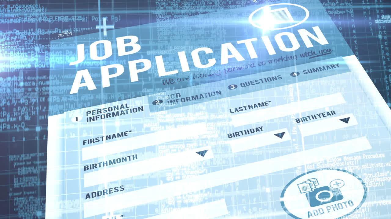 Animation of screen with job application page over blue background