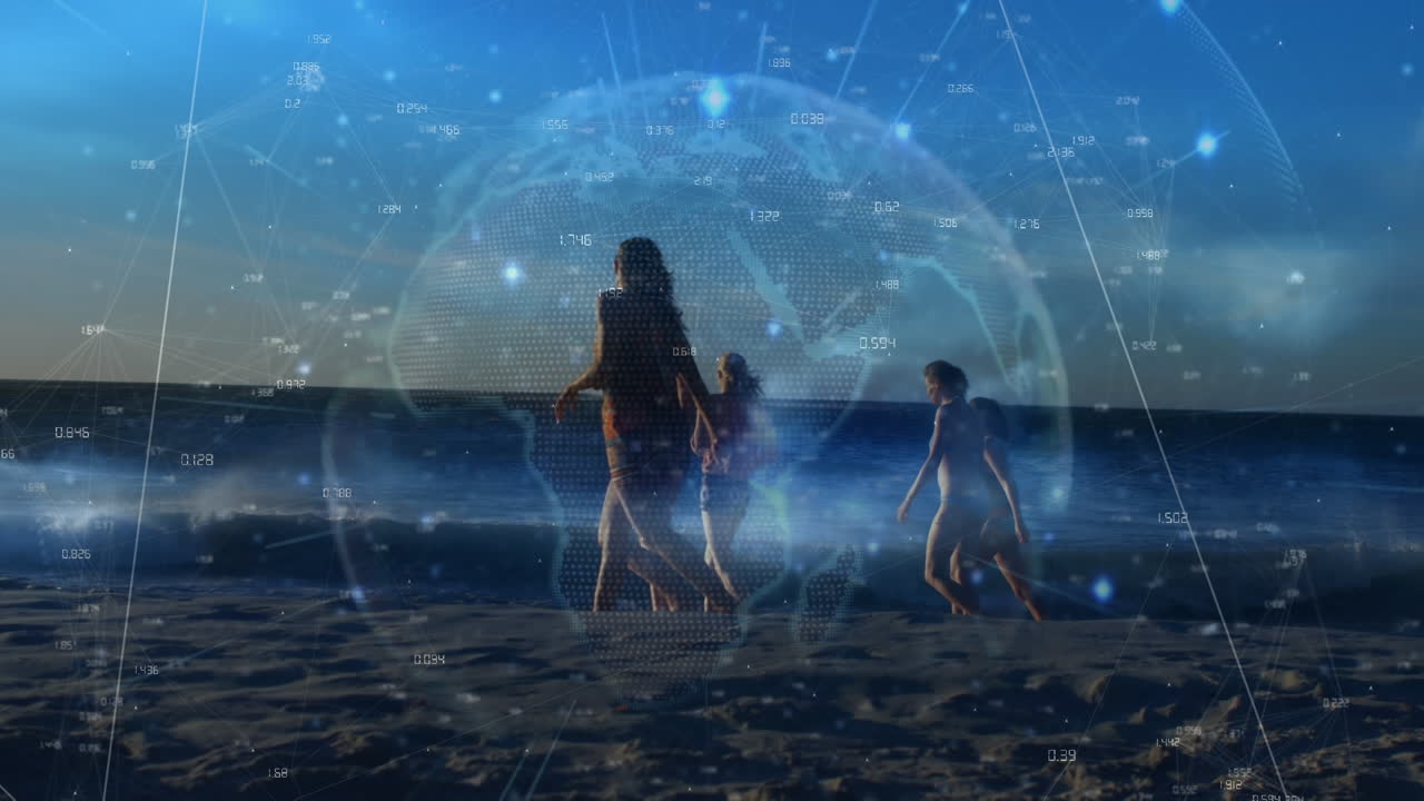 animación de conexiones y globo sobre mujeres diversas caminando por la playa al atardecer