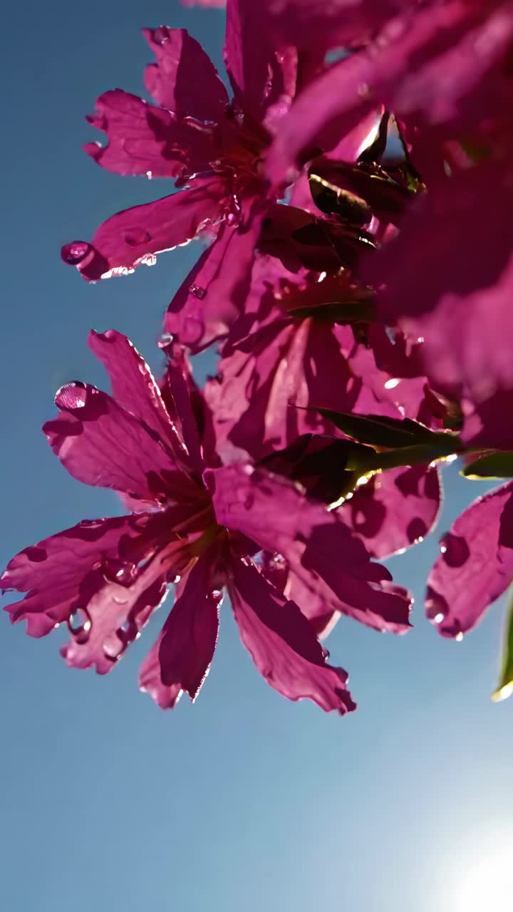 Close-up video angle of vibrant pink flowers with dew, set against a clear blue sky