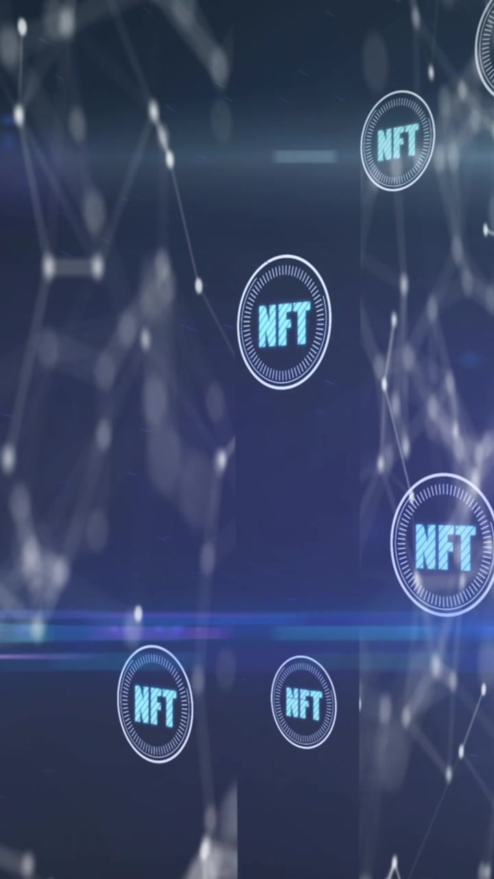 Nft-tekst på flere runde scannere, der svæver mod et netværk af forbindelser på blå baggrund