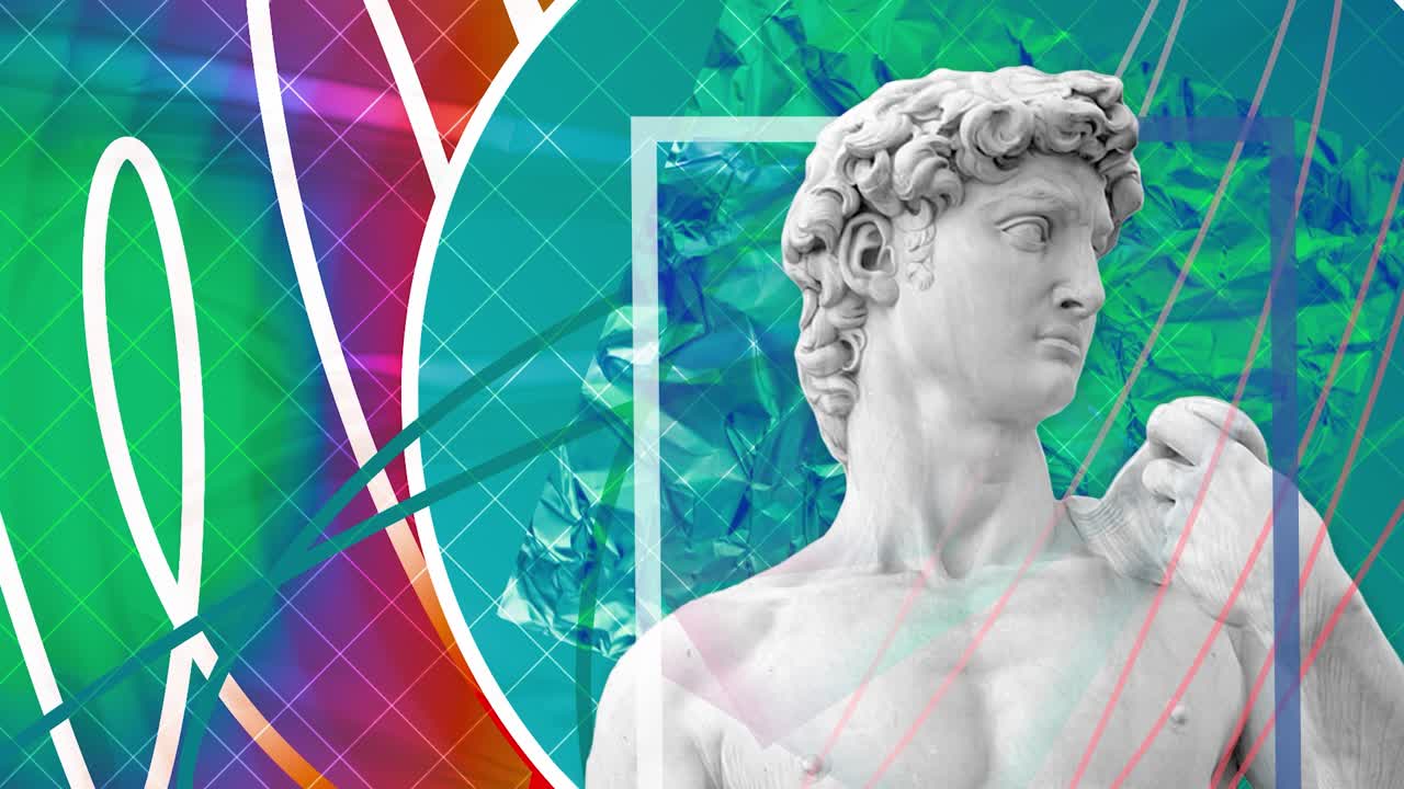 현대적 추상적인 요소와 함께 데이비드 동상의 콜라지