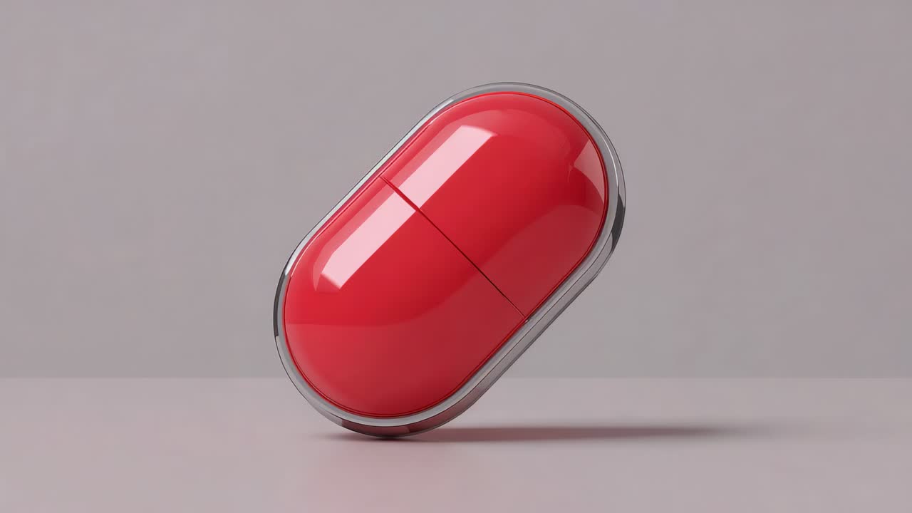 Starting sequence showing red capsule rotating above tabletop in studio revealing seam, chrome rim