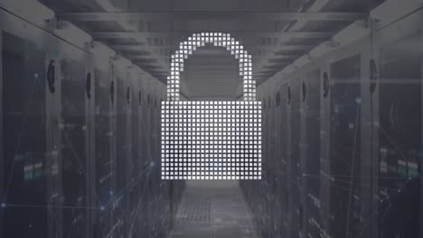 animation of changing security padlock, shield and cloud icon over mosaic squares on server room