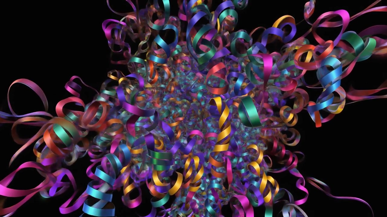 Animazione 3D astratta di nastri colorati fluttuanti su sfondo nero