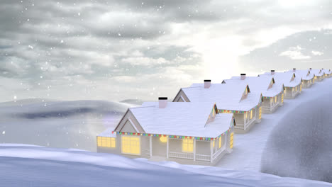 animation of snow falling over over houses in winter scenery