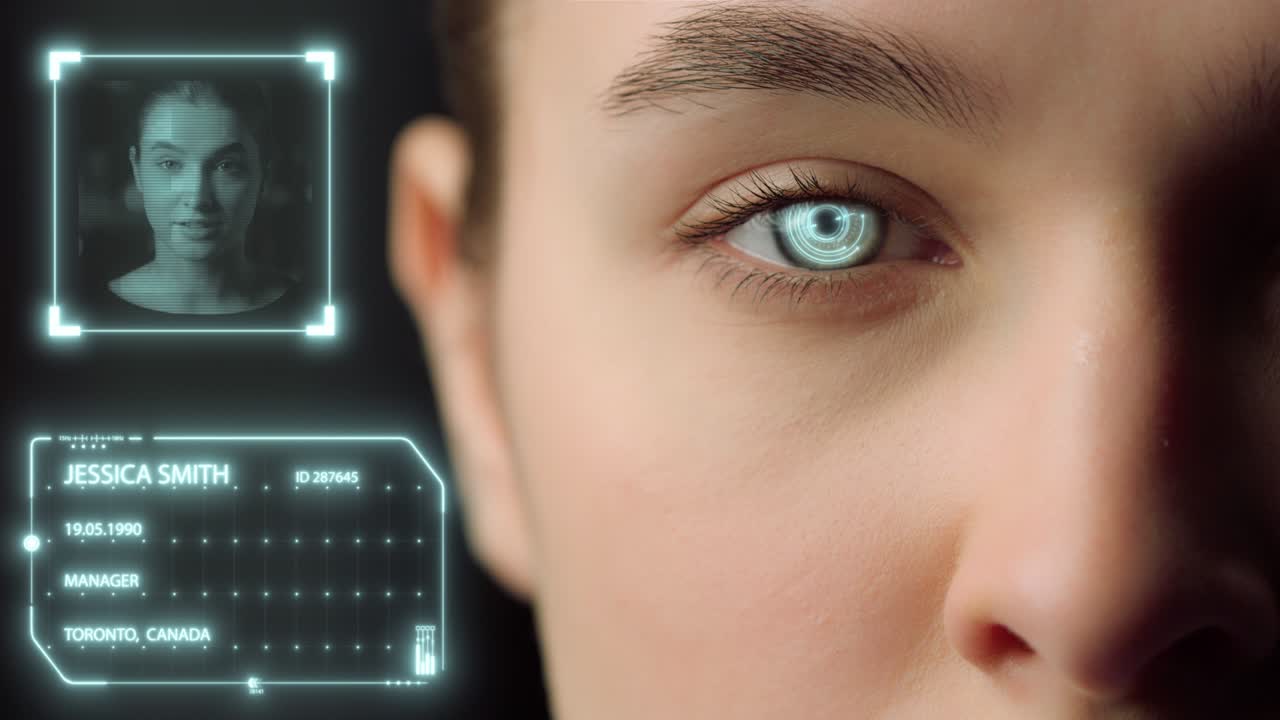 Face biometrical recognition system identify user personality app login closeup