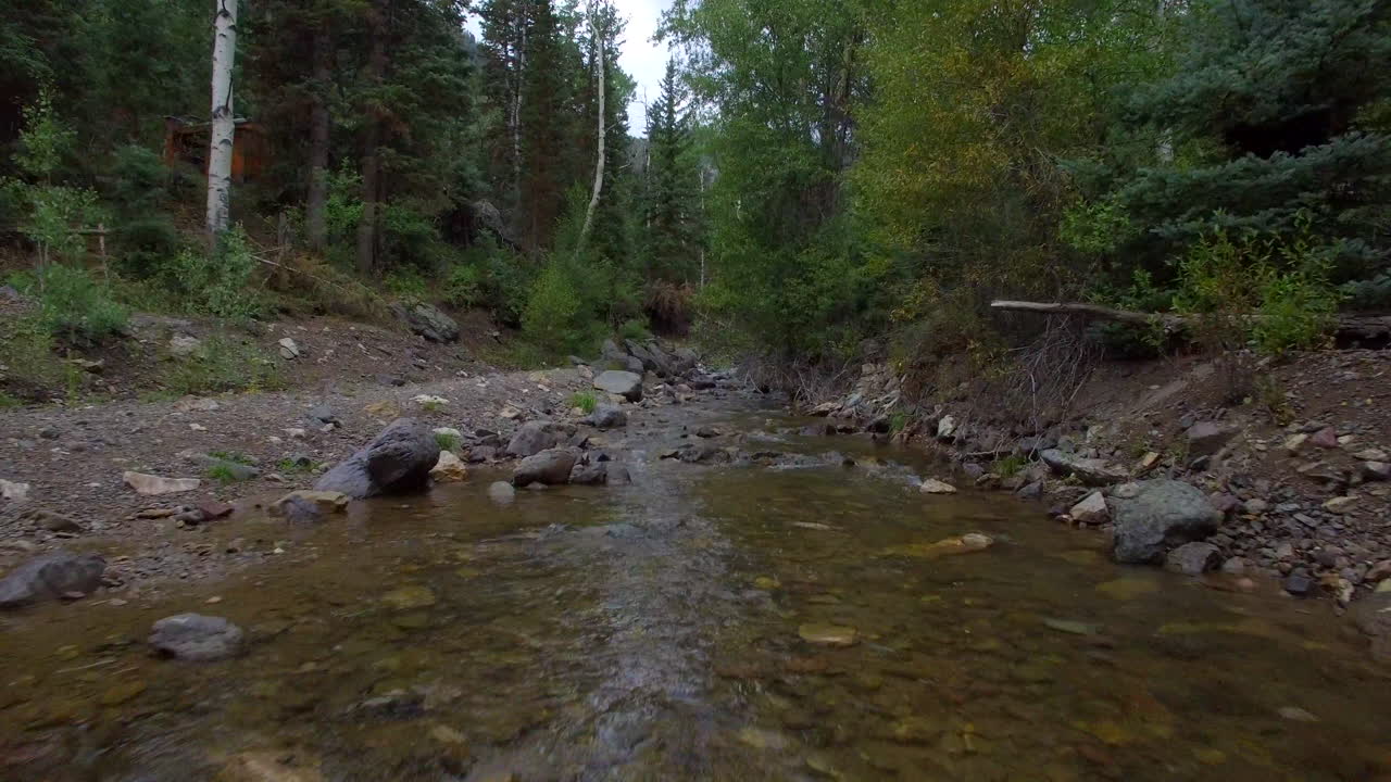 Hurtigt tempo, lavtflyvende droneoptagelse over en fredfyldt, strømmende bæk mod nogle lave grene og grønne træer