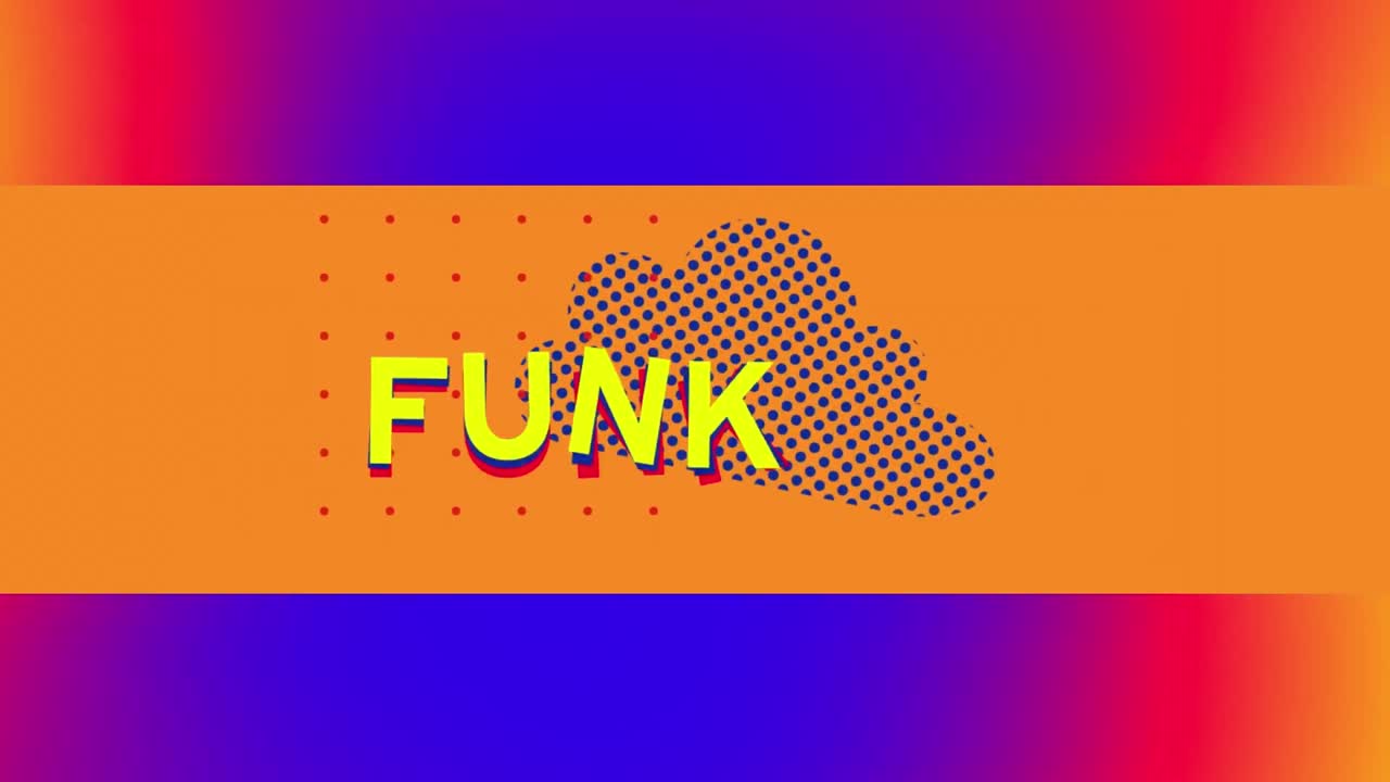 animación de texto funk sobre formas en fondo azul