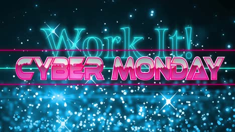 animación de trabajo y texto de cybermonday sobre puntos.
