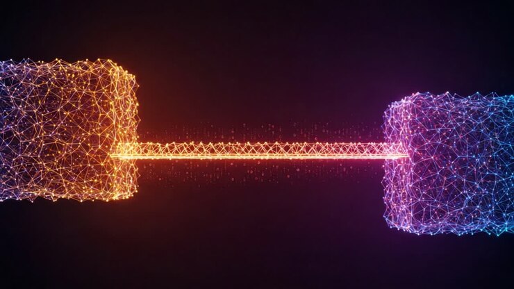 A Stunning Visualization of Two Interconnected Structures Representing Data Transfer and Communication Through Digital Networks in a Vibrant Color Spectrum