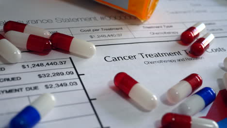 pillen, medikamente und medikamente auf einem krankenversicherungsformular, aus dem teure krebsbehandlungen und gesundheitskosten hervorgehen