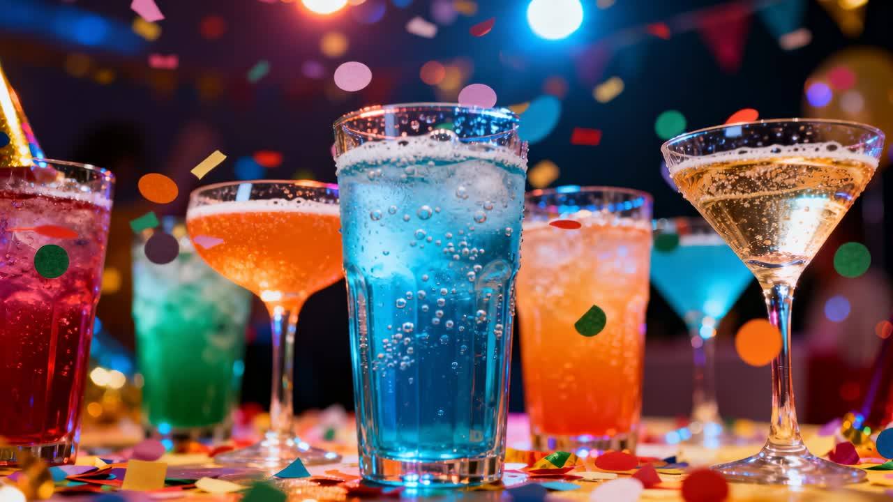 Coriandoli che fluttuano, un bicchiere highball blu con bollicine che salgono sul bancone del bar, tra bevande e un cappello.
