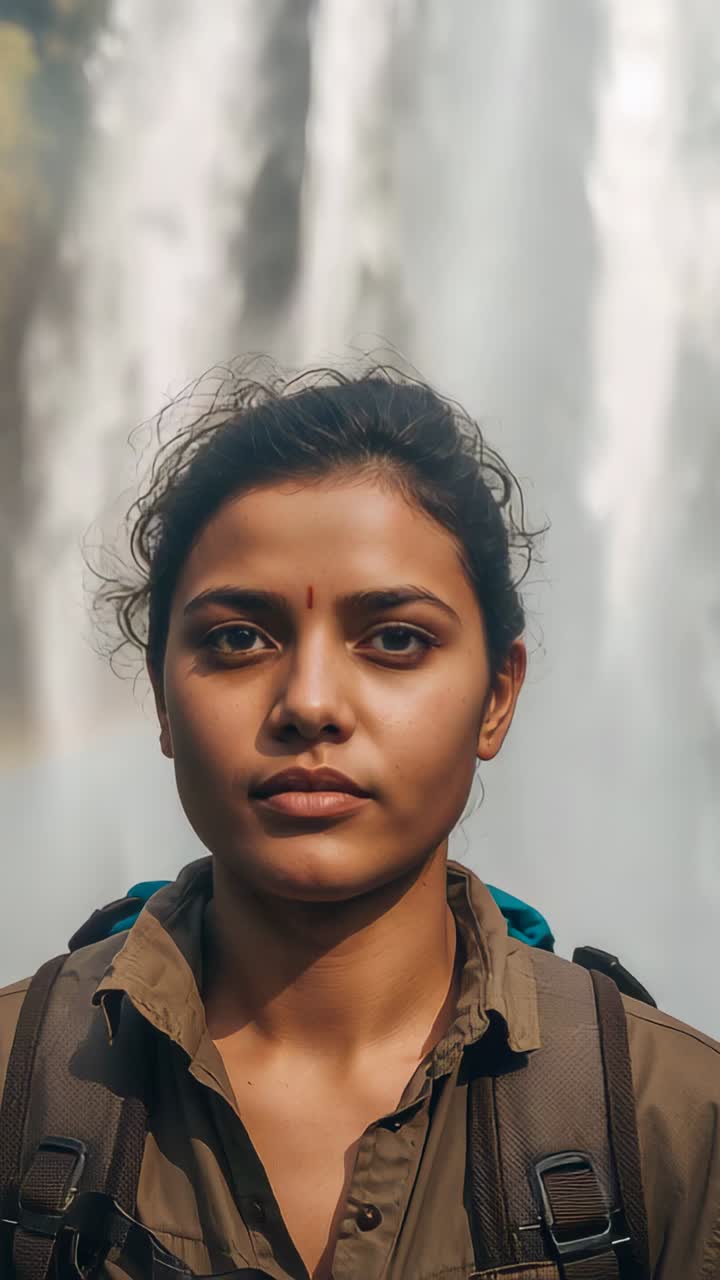 Vertical video: Facing cam woman posing at waterfall wearing khaki top backpack, mist causing blink