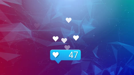 animación de las reacciones de las redes sociales sobre formas en fondo rojo y azul.