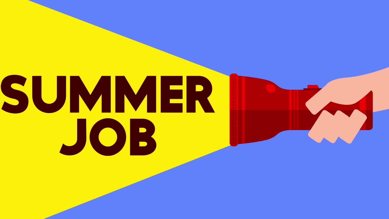 懐中電灯が「Summer Job」の文字を照らす。ポケットLED電灯を持つ手。