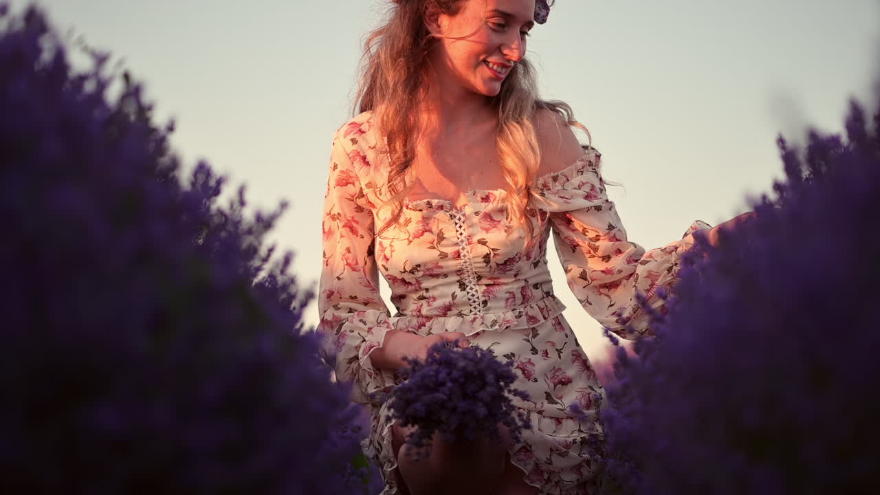 Peaceful woman sitting in lavender rows, touching blossoms with a calm smile