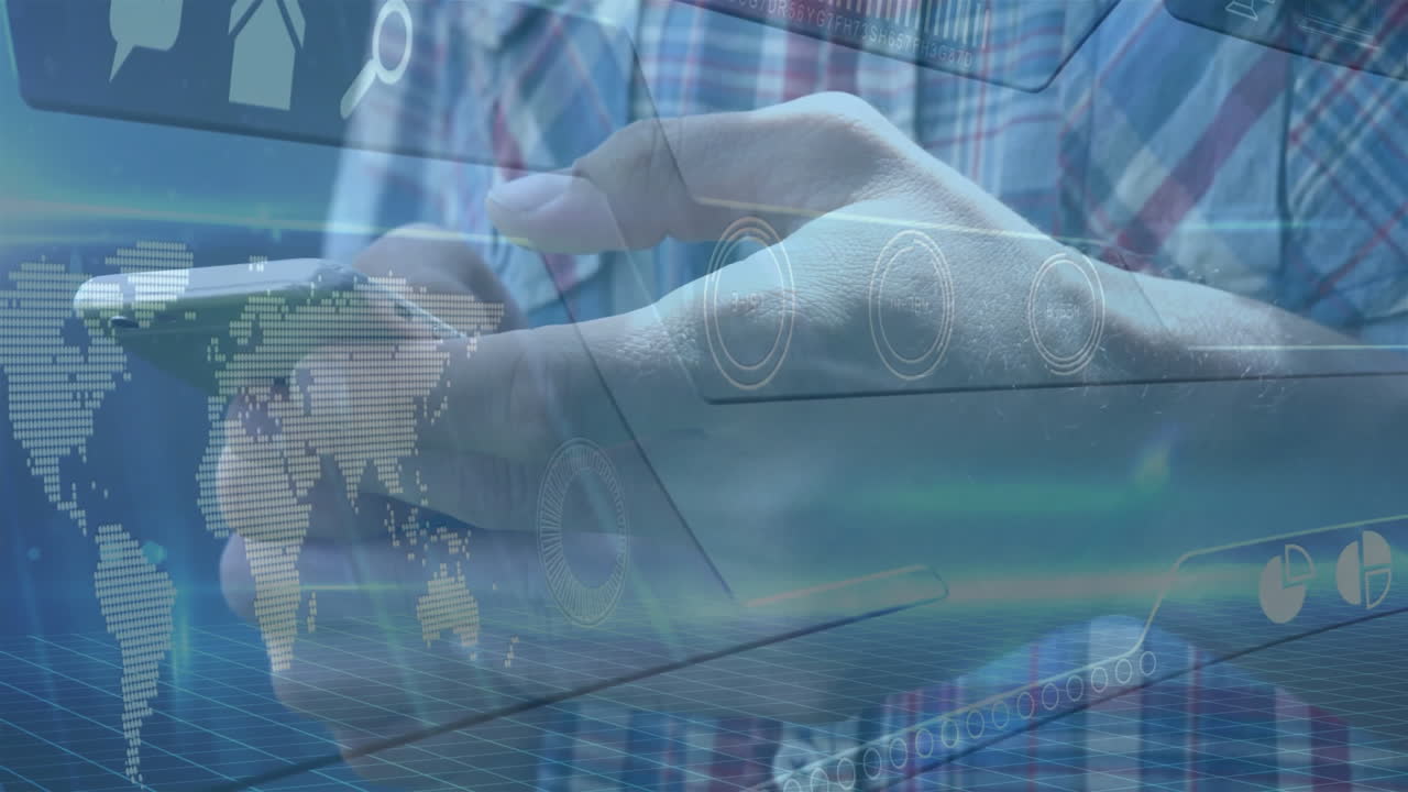 Hands using smartphone over digital world map and technology interface animation