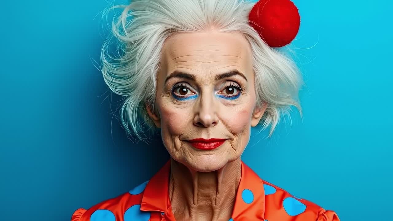 A woman with white hair and a red nose