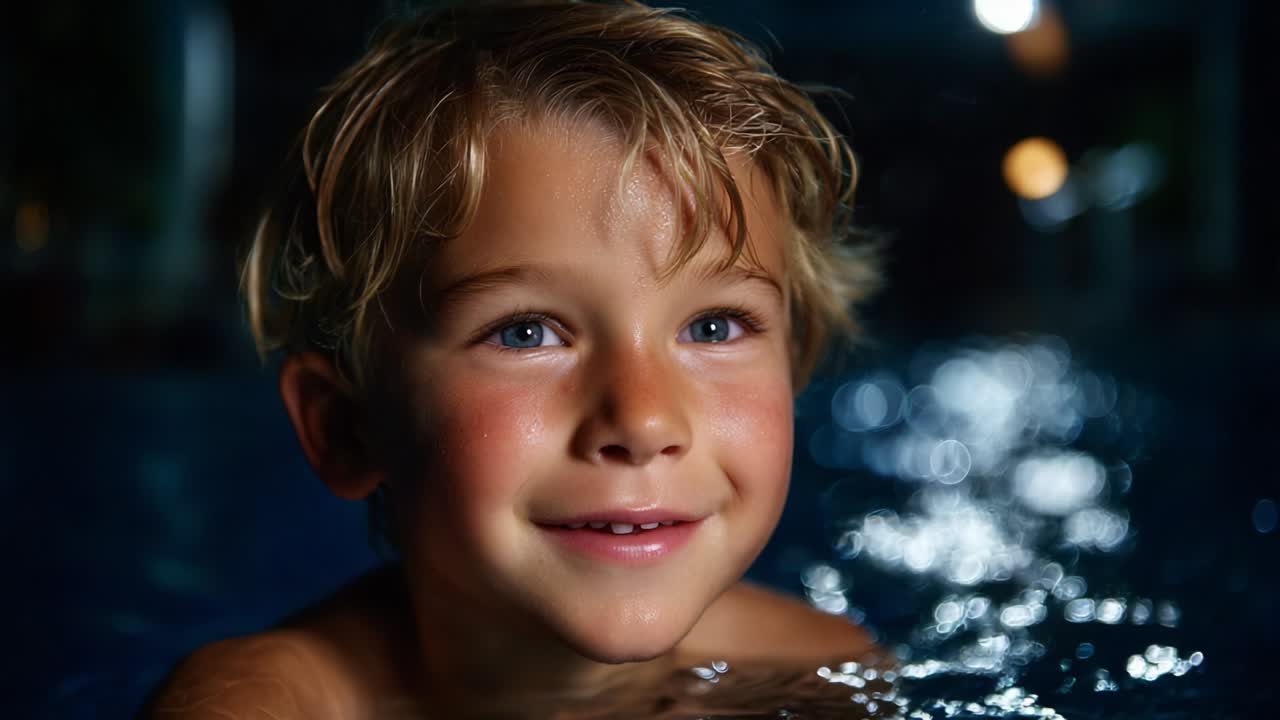 A Joyful Moment Captured: A Young Boy Smiling in a Pool, Illuminated by Subtle Lighting, Highlighting His Cheerful Expression Against the Serene Background of Water Reflections