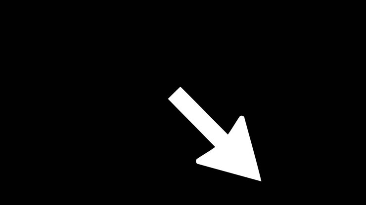 White diagonal arrow pointing downward on black with elegant angled design. Sleek directional element for presentations, interfaces, and animated graphics