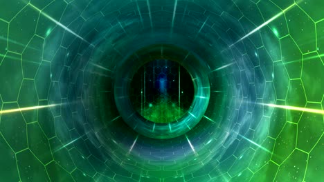 túnel futurista verde con hexágonos y rayos de luz