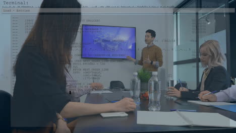 animation of data processing over diverse colleagues having meeting in office