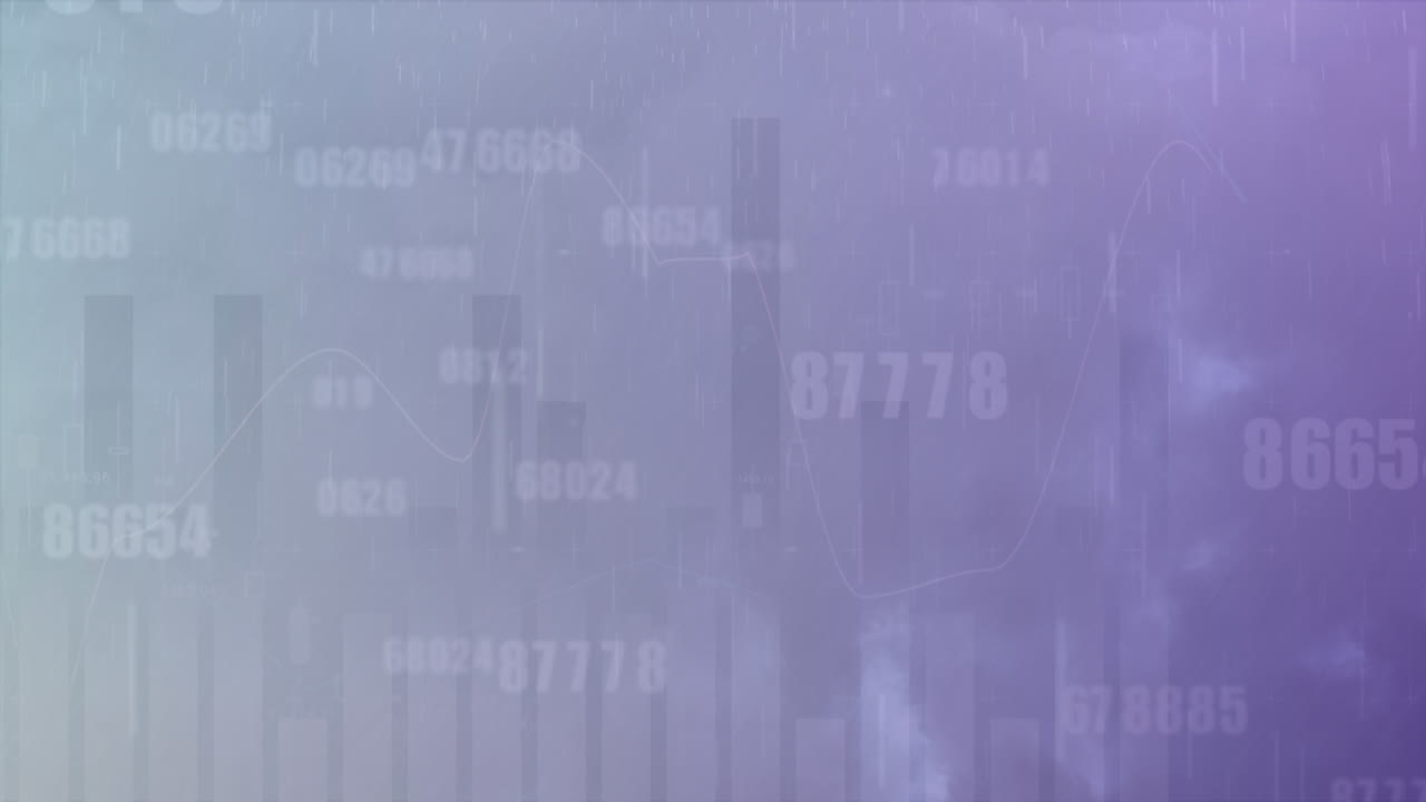 Animation of multiple graphs, changing numbers over rain and lightning in dense clouds
