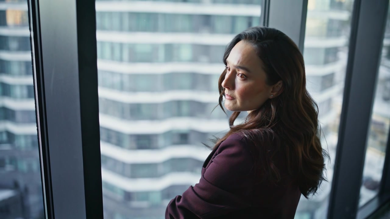 Ceo thinking future career cityscape view closeup. Pensive woman peaceful break