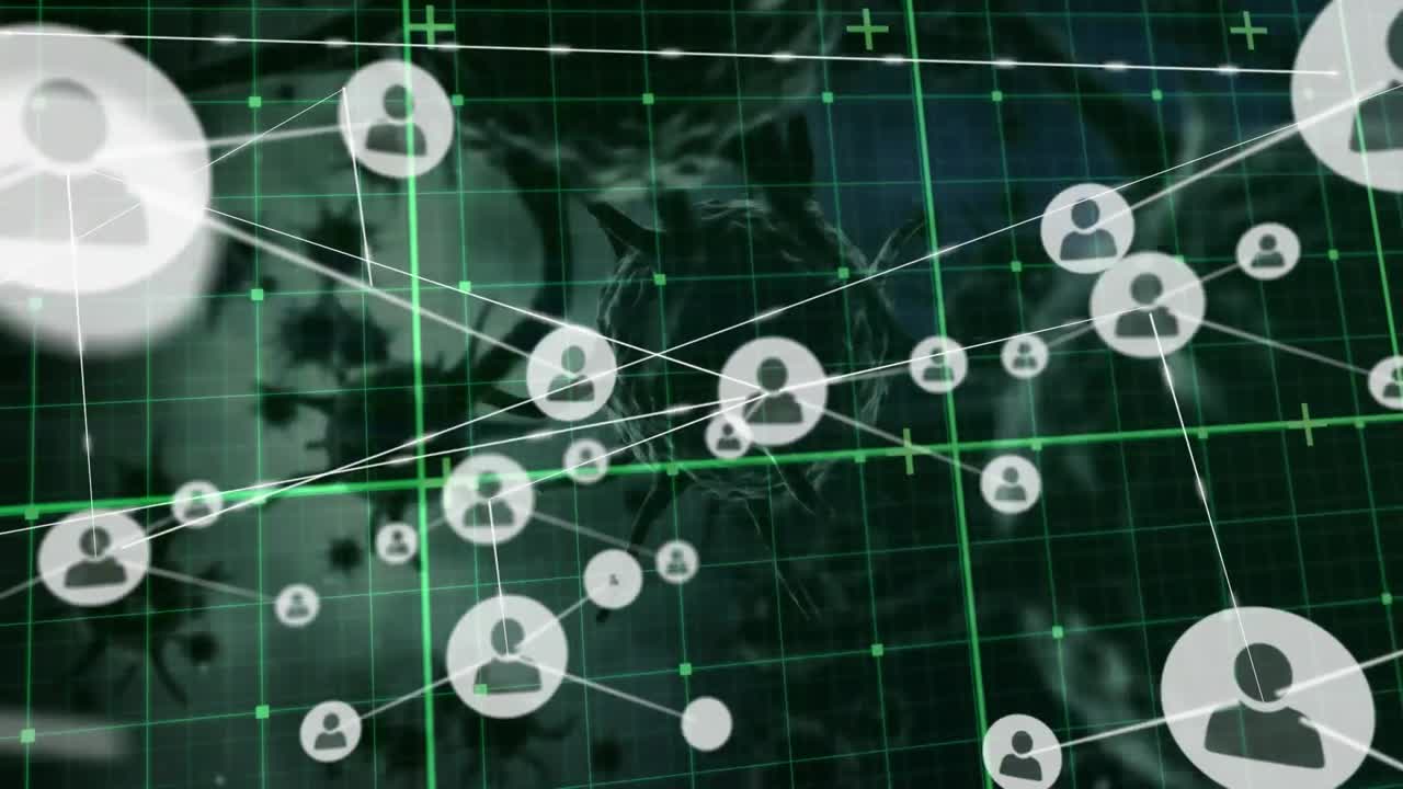 초록색 배경의 여러 코로나19 세포에 대한 그리드 네트워크에 대한 프로필 아이콘 네트워크