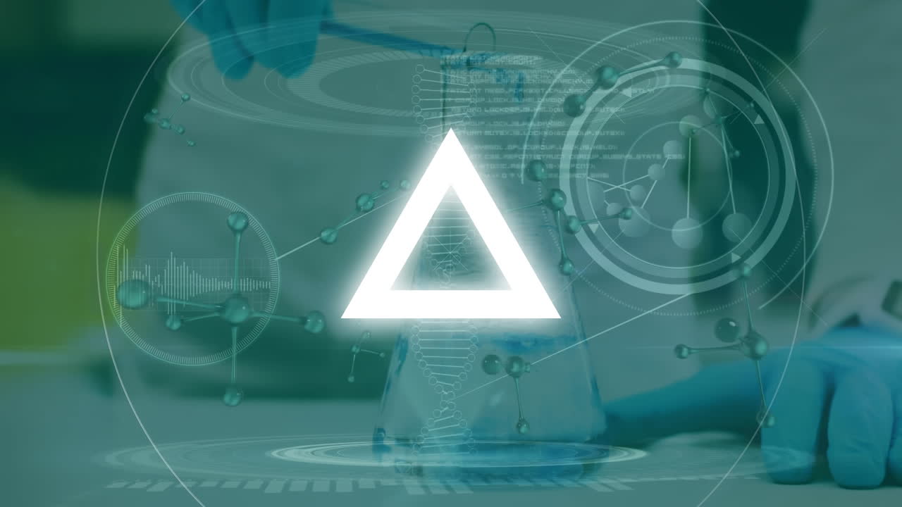 animación de la interfaz infográfica con más de un científico vertiendo líquido del tubo de ensayo al vaso